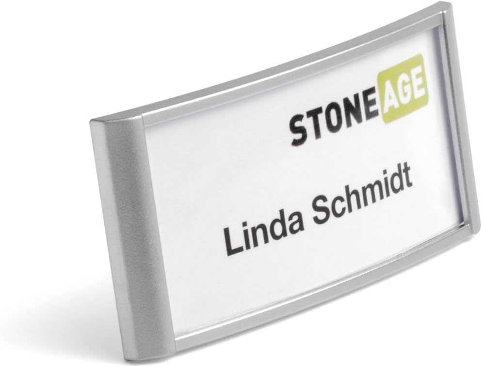 Durable Name Badge Classic 34 x 74mm with Combi Clip - Simple Design with Easy to Read Name Tag - Aluminium Look Finish - Pack of 10