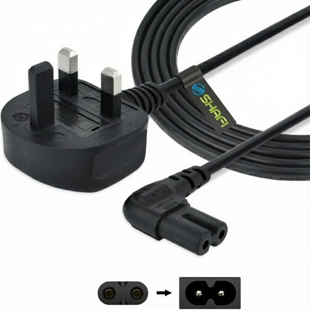 SHAFI® 3M Figure 8 Power Lead - Certified 90-Degree Right Angle 2-Pin IEC-C7 Cord - 3-Pin UK Plug 3A Fuse - Compatible PS4 & PS5 Power Cable UK Xbox Series X Smart LED TV Samsung TV LG TV Sony TV