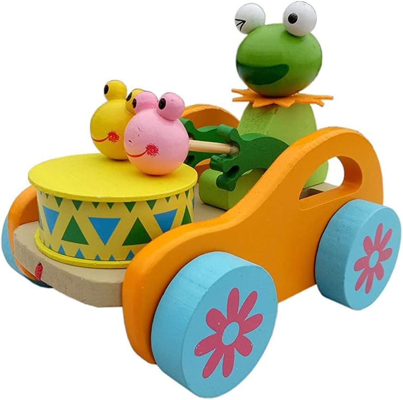 Neotea Wooden Musical Pull Along Toy Cute Frog Drumming Pull Along Car with Attached String | 12 Months & Above Kids | Toddlers | Infant & Preschool Toys | Encourage Early Walking Multicolor Pack Of 1