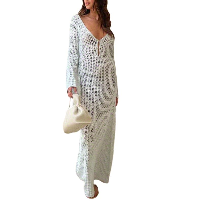 Womens Crochet Cover Ups for Bikini Swimsuit Long Sleeve Knit Suit Hollow Out Front Long Beach Dresses