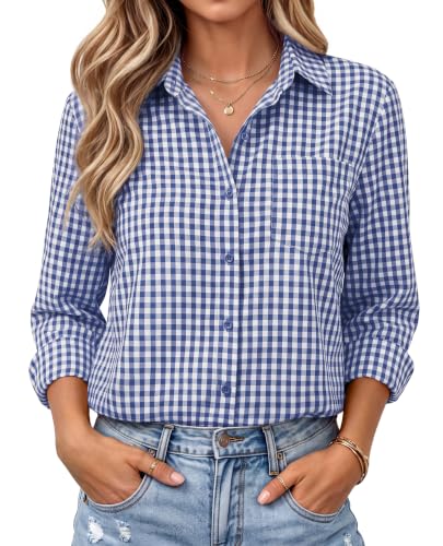 siliteelon Plaid Shirts for Women Gingham Top Button Down Cotton Long Sleeve Dress Shirts Casual Fitted Work Collared Blouse