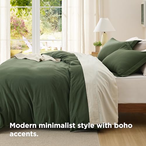 Image of Bedsure Textured Duvet Cover Queen Size - Cotton-Like Polyester Jacquard Duvet Cover Set for All Seasons - 3 Pieces Soft Bedding Set with 2 Pillow Shams, NO Comforter (Olive Green, Queen, 90 inchx90 inch)