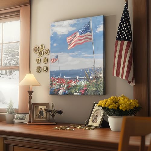 Image of Memorial Day Canvas Wall Art, Seaside American Flag Print, Patriotic Coastal Landscape with Flowers and Sky Vintage Framed Oil Painting, Independence Day Summer Beach House Wall Decor 8x10inch