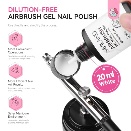 Image of SAVILAND Airbrush Gel Nail Polish Dilution-free: Hema-Free 20 ml No Clogging White Airbrush Nail Polish Non-Acetone Nail Gel P olish for High Pigmented Colors Airbrush Polish for Ombre French Nail