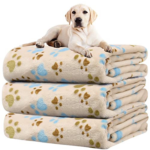 Image of 1 Pack 3 Blankets for Dogs Blankets for Large Dogs Large Dog Blanket Super Soft Fluffy Premium Fleece Pet Blanket Flannel Throw for Dog Puppy Cat Paw,Beige,Blanket(41x31 inch)