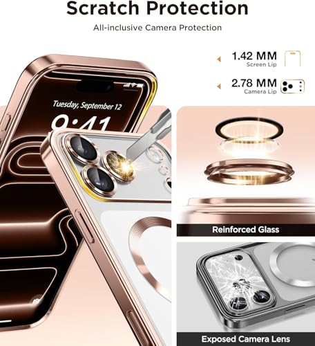 Image of VONZEE Electroplating Transparent Clear Logo Back Cover TPU Compatible with iPhone 17 Pro Max, Compatible with Magsafe, Full Body & Individual Camera Protection for Each Lens for Men & Women|Desert