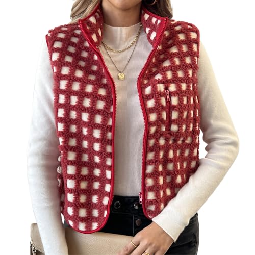 Veste sans manches vintage zippée avec motif à carreaux esthétique pour femme Geagodelia