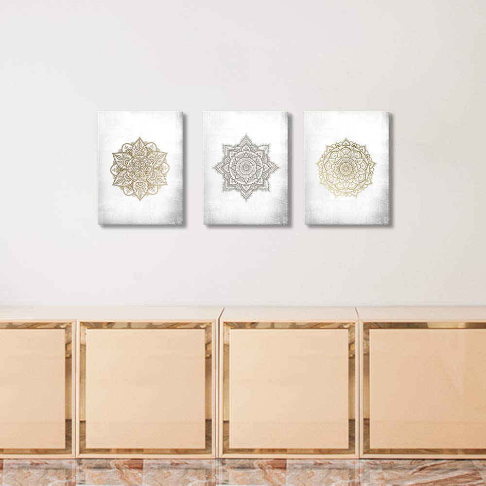 SUMGAR Mandala Wall Art per Camera da Letto Quadri su Tela Grigio Oro Stampa Boho Beige Pittura Floreale Bohémien Decorazione Asiatica Opera d'Arte incorniciata Soggiorno 30x40 cm Set di 3