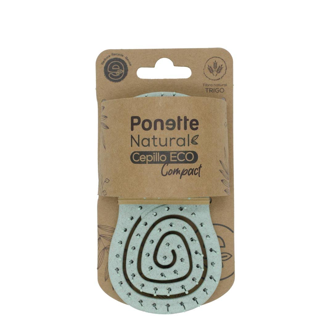 PONETTE NATURAL - Cepillo de Pelo de Viaje ECO Compact Ecológico Desenredante Antitirones Color Verde, Cepillo Masajeador, Fabricado con Fibra Natural de Trigo, 100% Reciclable, Marca Española