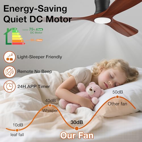 Image of 52 Inch Smart Low Profile Ceiling Fans with Lights Remote,Wood,Flush Mount