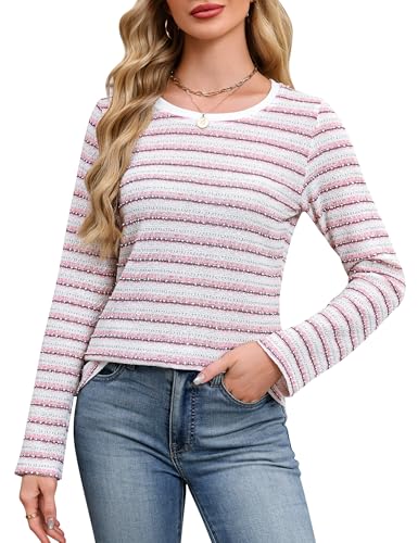 Blooming Jelly Womens Tops Long Sleeve Shirts Striped Tweed T Shirt Dressy Casual Business Crewneck 2025 Fall