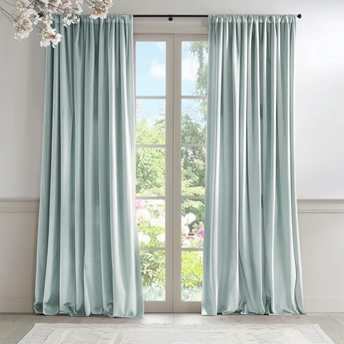 Image of Blackout Misty Blue Velvet Curtains Rod Pocket 52x72 Inch 2 Panels | Soft Velvet, For Small Windows, Kitchens & Bathrooms, Light Shifting Texture, Elegant Drape, Peaceful, Serene
