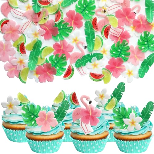 75 Pcs Edible Flowers Cupcake Toppers Cake Decorations Wafer Tropical Cake Decorations Hawaiian Birthday Decoration for Tropical Luau Summer Party