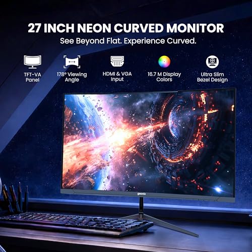 Image of GEONIX Neon 27-Inch Curved Full HD Monitor (68.58 cm) 120Hz Refresh Rate, 5ms Response Time, 3000:1 Contrast Ratio, Built-in Speakers, 1920x1080, Black, 3-Year Warranty