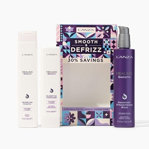 Miniatura 2 de L'ANZA Kit curativo para el cabello Smooth Trio, champú brillante, acondicionador y bálsamo alisador alisador sin enjuague, suero para el cabello,