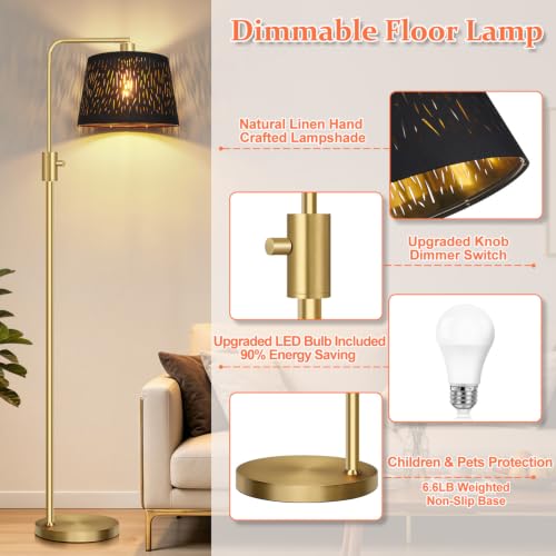 Image of 【Upgraded】 Dimmable Gold Floor Lamp, 1000 Lumens LED Edison Bulb Included, Arc Black Floor Lamps for Living Room Modern Standing Lamp with Black Grid Shade, Tall Lamps for Living Room Bedroom Office