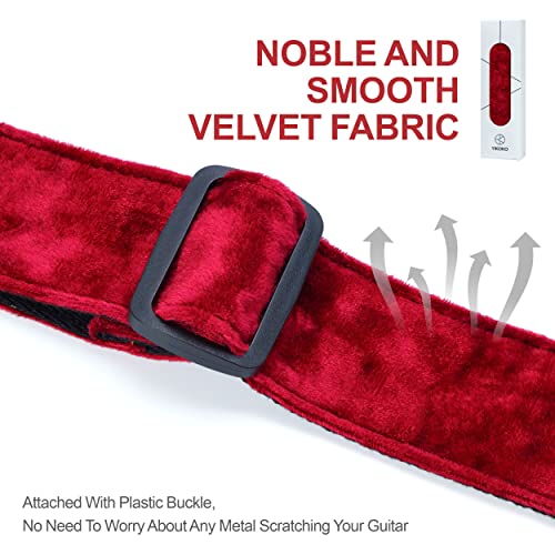 Yikoko Guitar Strap, 2" Velvet Full Grain Leather End Guitar Straps For Bass, Electric And Acoustic Guitars, Complimentary Strap Button, 1 Pair Of Strap Locks And 4 Guitar Plectrums - Elegant Ruby Red #TOP4