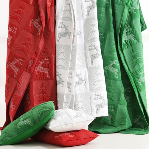 Image of Grassix Christmas Quilt Set King Size, Holiday Bedding Coverlet, Red | Tree & Reindeer Pattern, Soft Lightweight Christmas Velvet Bedspread with 2 Shams,Thin Comforter All-Season, 108 x 96 in