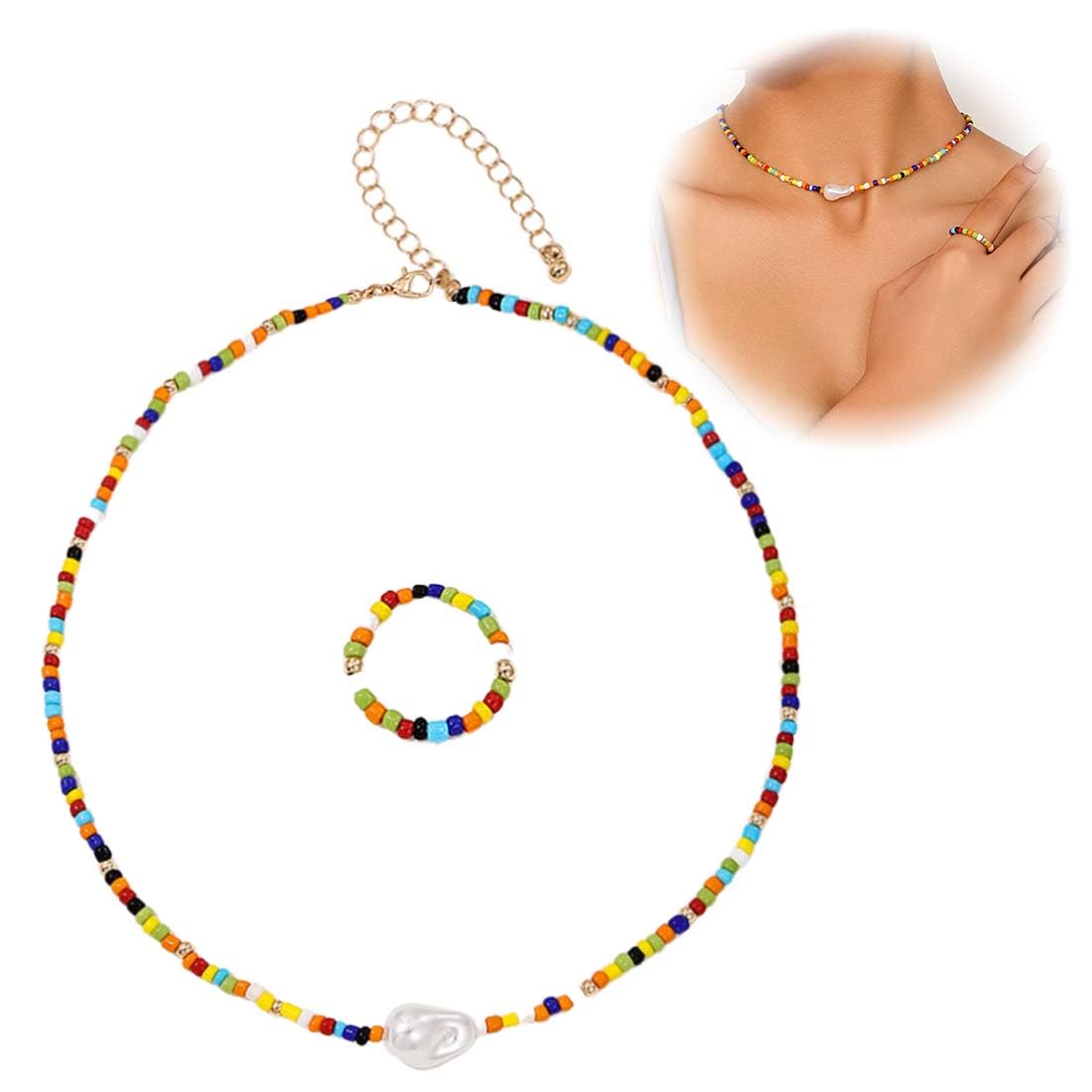 SULIUDAJI 2 Piezas Collares Mujer de Cuentas Anillo de Colores, Estilo Bohemio, Gargantillas Mujer de Bolitas para Verano, estilo Hippies Aesthetic Boho Collar Hippie Mujer Collares Colores Mujer Collares
