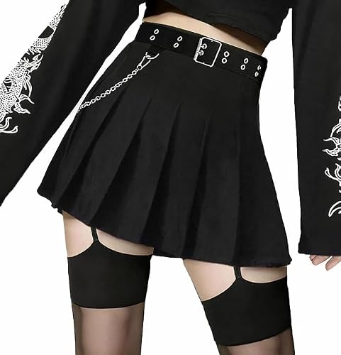 Image of DINGJIUYAN Womens Black Mini Pleated Skirts Goth High Waist A Line Punk Skirt School Uniform Short Skirts with Belt