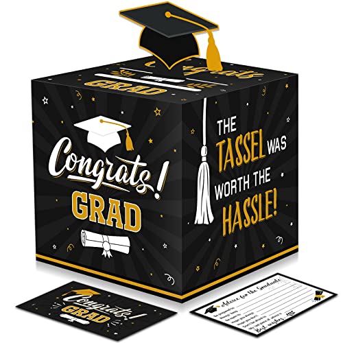 Image of Funrous Large 2026 Black and Gold Graduation Card Box with 30 Pcs Advice Card Gift Money Box Congrats Grad 3D Cap Top Holder Class of 2026 Party Decorations College Graduation Supplies