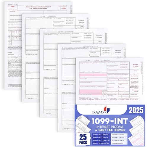 1099 INT Tax Forms 2025 Interest Income Set, 4 Part 25 Pack, Great for QuickBooks and Accounting Software 25 Laser Form Sets for Interest Income, 1099-INT 2025