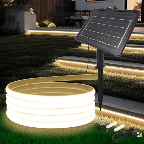 KAFULA 24V COB LED Solar Strip [2m,Natural White 4000-4500K], 1200MAH Solar Panel Controller, 8 Modes, IP68 Waterproof Flexible FCOB LED Neon Strip for Bedroom Garden Corridor Decoration