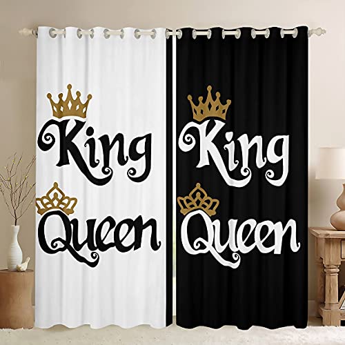 feelingyou Queen and King Cortinas para ventana en blanco y negro para parejas enamoradas, decoración de habitaciones, tema de amor romántico, tratamientos de ventanas, parte superior con ojales
