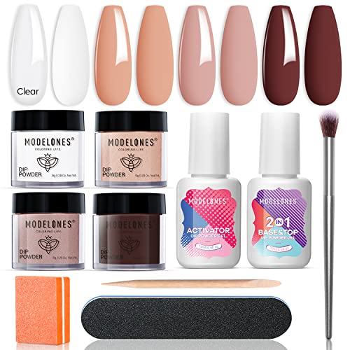 Modelones 10 Pcs Dip Powder Nail Kit Starter, 4 Colors Nude Brown Skin Tones Neutral Dipping Nails Kit with Base Top Coat Activator Liquid Set and Nail Tools, Essential Dip System Kit No Lamp Needed Saving Time DIY Manicure Salon