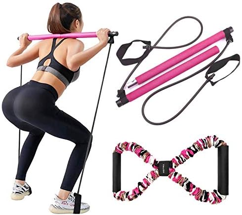 Pilates Bar Kit with Resistance Band,LADER Portable Resistance Band and Toning Bar Yoga Pilates Equipment Exercise Stick 8 Shape Body Shaping Resime Bar - 25 pounds (Pink)