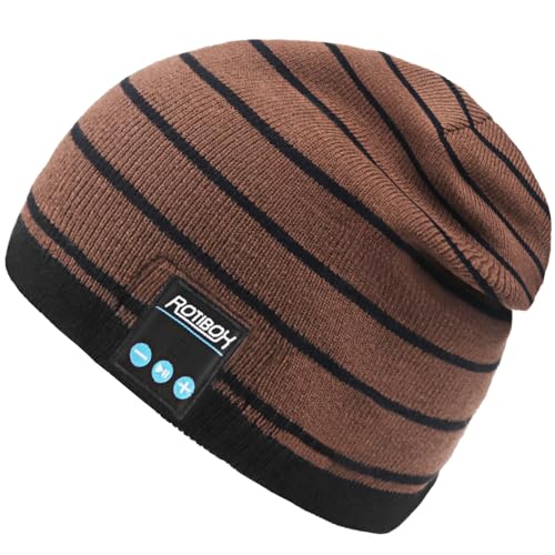 Rotibox Bluetooth Beanie Hat Headphone Headset Music Audio Cap for Women Men with Speaker & Mic Hand-Free for Outdoor Sports Xmas Gifts-Brown