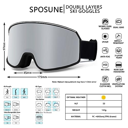 SPOSUNE Ski Goggles Over Glasses with Dual lens | Anti-fog Anti-UV Snow Goggles for Men Women Youth Skiing Snowmobile - Image 4