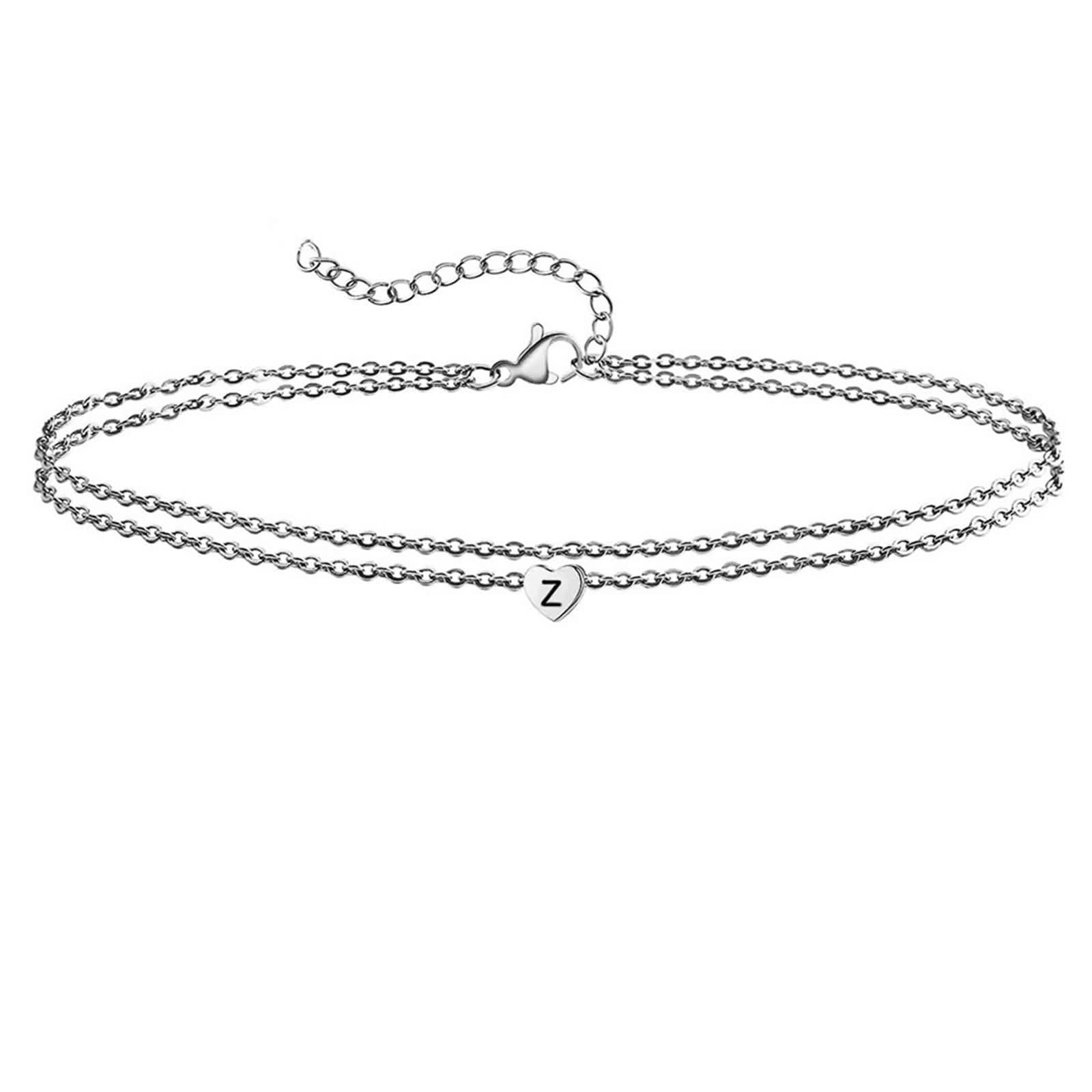 Epinki Fußschmuck Damen 18 Karat Weiß Gold 750, Doppelkette mit Herz Buchstaben Fußkette Freundschaft 18K Gold Armband Damen Echte Goldschmuck für Frauen, 30cm Kettenlänge