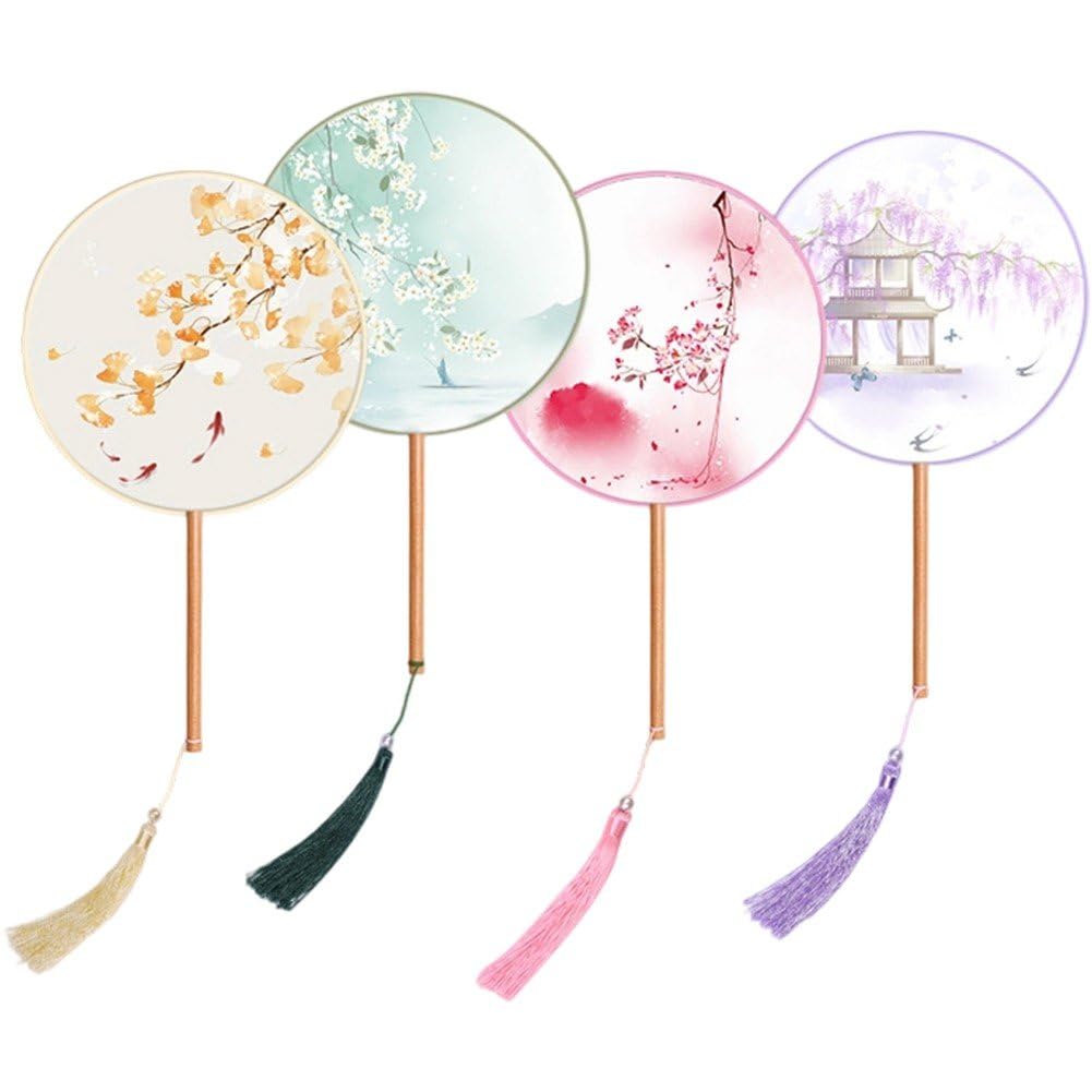 Éventail rond style chinois ancien en lot de 4 pour une élégance rétro raffinée