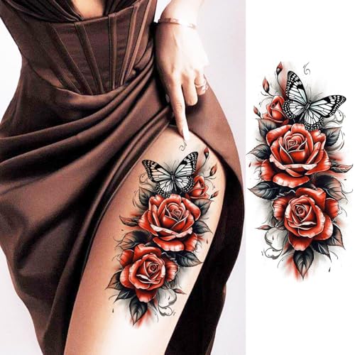Image of 27 Sheets Watercolor 3D Rose Butterfly Temporary Tattoos For Women Thigh Leg Tattoo Sticker, Realistic Vine Leaf Flowers Fake Tattoos For Adults Forearm Half Arm Makeup Small Finger Tatoo Long Lasting