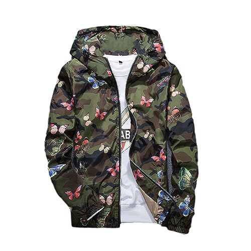 USTZFTBCL Men Women Hooded Jacket Casual Printed Camo Jacket Men Butterfly Camo Varsity Jacket Male Windbreaker Coat