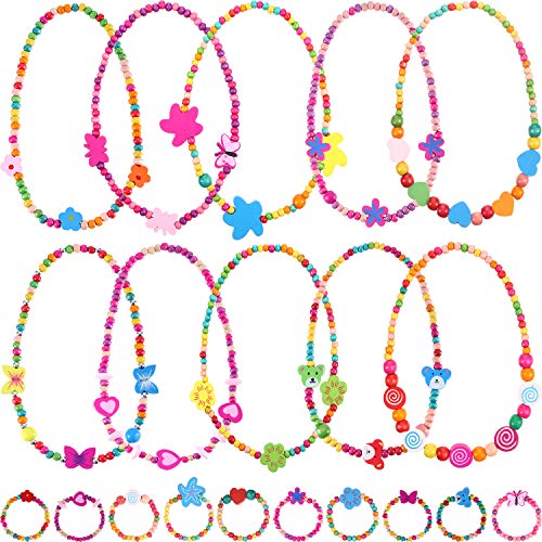 Juego de Collar Pulsera de Princesa Favores de Fiesta de Niñas Pequeñas 10 Piezas de Colecciones de Bisutería de Madera Coloridas (Estilo 2)