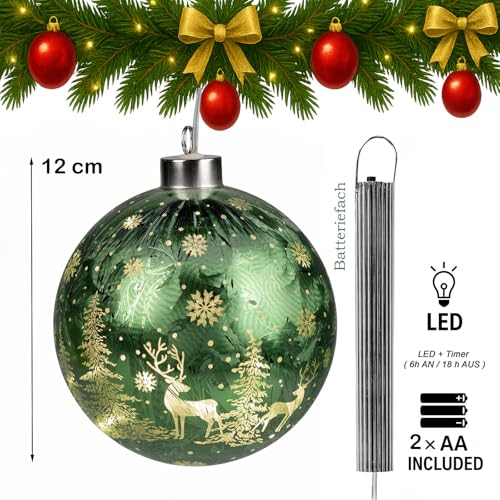 formano LED Weihnachtskugel Frosty Grün zum Hängen 12 cm Hängelicht aus Farbglas in geeister Optik mit winterlichem Dekor Timer & LED Licht - batteriebetriebene Dekoration Herbst Weihnachten – Bild 3