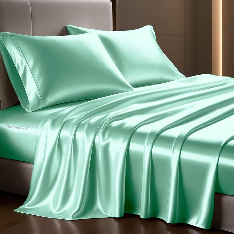 Image of Premium Satin King Size (92x106 Inchs) with 2 Pillow Cover Bedsheet Ultra Soft & Silky Smooth, Breathable Cooling Fabric, Luxury Glossy Finish|Aqua Green