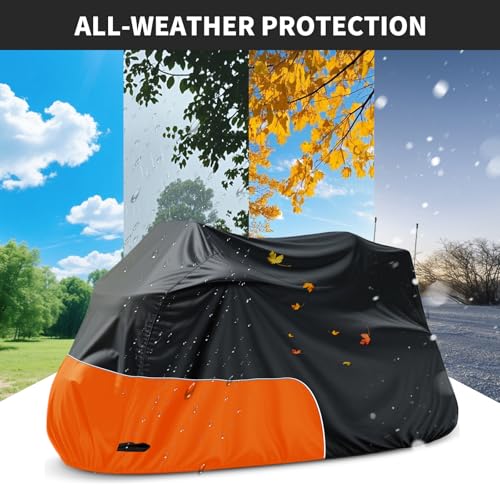 Image of Motorcycle Cover Heavy Duty 300D Waterproof for Touring Ultra | Fits for Harley Davidson Ultra Ltd, Road Glide Ltd, Honda Goldwing, BMW, Indian Motorcycle Accessories, 110 Inch Black
