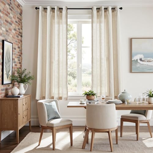 Image of jinchan Linen Curtains 63 Inch Light Filtering Grommet 2 Panels Beige