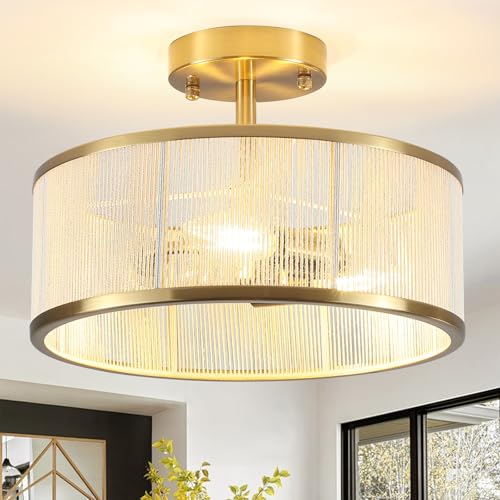 Image of Modern Semi Flush Mount Ceiling Light, 3 Light Gold Ceiling Light with Rope Shade, Drum Light Fixture for Kitchen Bedroom Dining Room Hallway Entryway