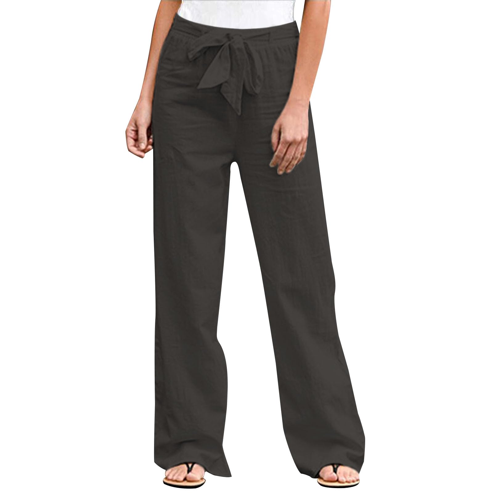Womens Cotton Baggy Pants Solid Color Drawstring Elastic Wide Leg Trousers Loose Casual Summer Straight Leg Pants