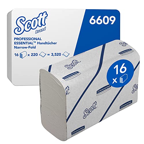 Scott Essential Narrowfold Papierhandtücher, 2-lagiges weißes Handtuchpapier, nachhaltige Papierhandtücher aus Recyclingfasern, 16 Clips x 220 (3.520 Blätter), Artikel-Nr. 6609