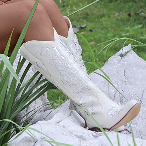 Cowboy Laarzen Vrouwen Lederen Lange Buizen Ridder Laarzen 2021 Kristal Geborduurde Knie Laarzen Chunky Snowboots Casual Rijlaarzen (Color : White, Size : 35 EU) - Afbeelding 5