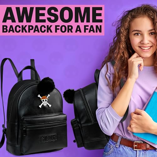 One Piece Mini Backpack for Women Teens Faux Leather Daypack, Small Rucksack, Anime Shoulder Bag with Pom Pom, Travel Gifts for Women3