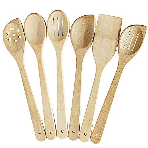 Healthy Cooking Utensils Set - 6 Wooden Spoons For Cooking โ Natural Nonstick Hard Wood Spatula and Spoons โ Uncoated and Unglued โ Durable Eco-friendly and Safe Kitchen Cooking Tools.