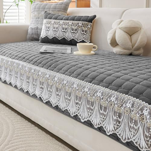 Image of HOKIPO 'BelleLace Series' Imperial Milk Velvet Sofa Cover Mat for 2 Seater Sofa, Lace Design, Porpoise Grey (AR-5964-DGRY*1)