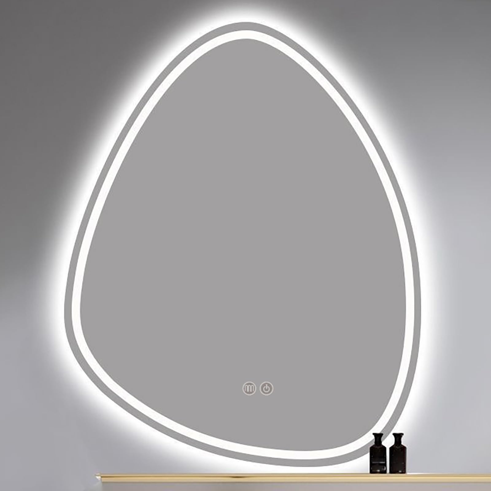 Atwnjkp 3 Colours+Anti-Fog Bathroom Mirror 70X90cm(27.55X35.4in) – Asymmetrical Teardrop Wall Mounted Vanity Mirror With Adjustable 3-Colour Led Lighting, Touch Switch And Anti-Fog Function For Makeup Area And Hallway