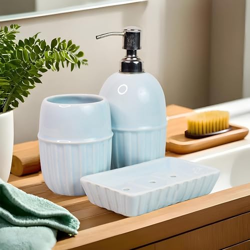 Image of Ceramic Bathroom Accessories Set for Utility and Bathroom Decor | Liquid Soap Dispenser, soap Tray, Toothbrush Holder (Exclusive Bathroom Set) (Sky Blue)